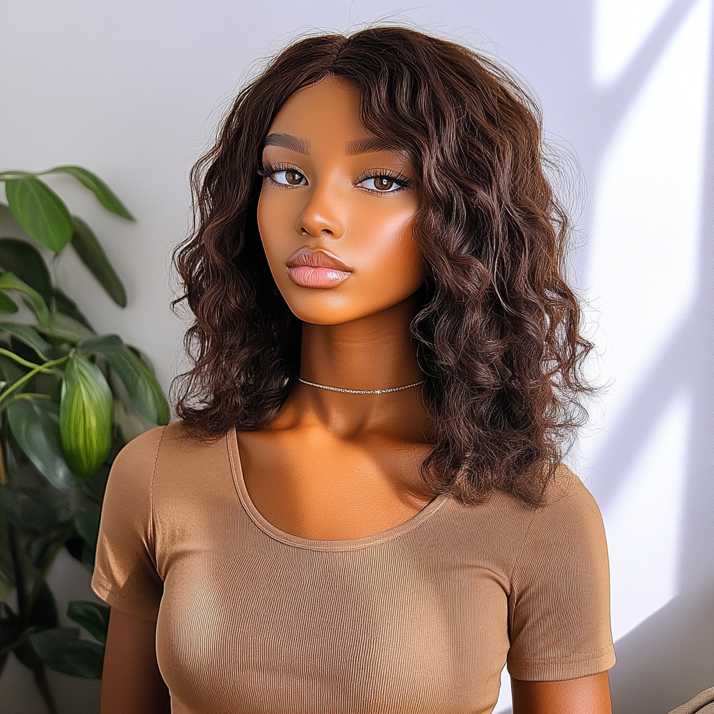 Perruque de cheveux humains bouclés au miel avec frange à franges, partie latérale, sans colle, pré-plumée, gros moelleux, marron, blond mélangé