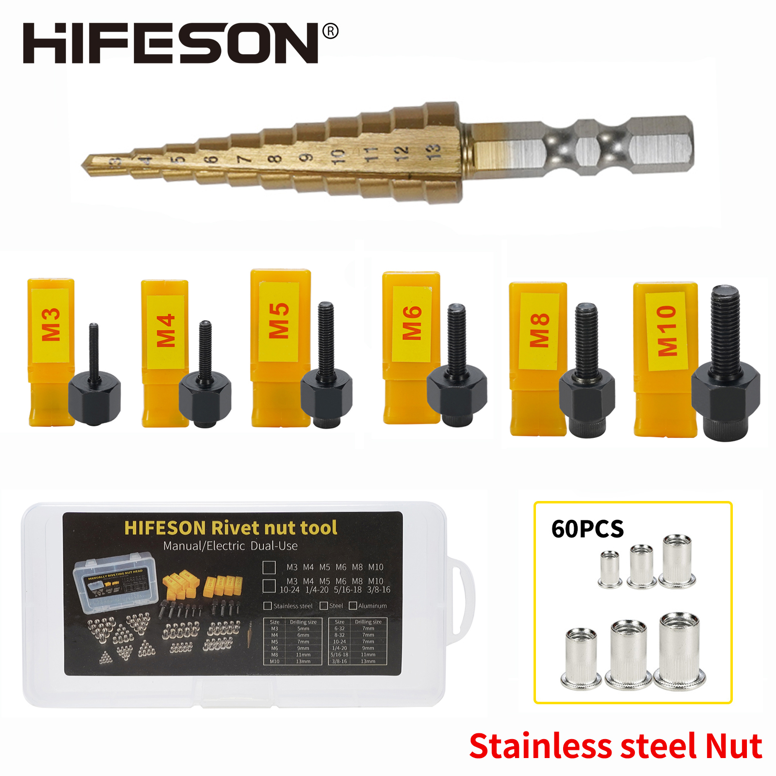 Écrou de tête de pistolet de rivetage manuel en acier inoxydable, outil d&#39;installation Simple, M3 M4 M5 M6 M10 avec 70 / 95 / 300 pièces écrous pince a rivet riveteuse pince rivet riveteuse électrique rivet fileté pinc