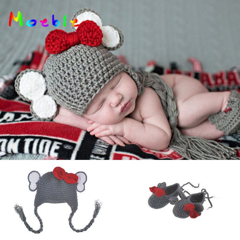 Newborn Boys Elephant Costume Knitted Baby Animal Hat and Shoes Set for Photo Shoot Infant Crochet Photography Props Clothing