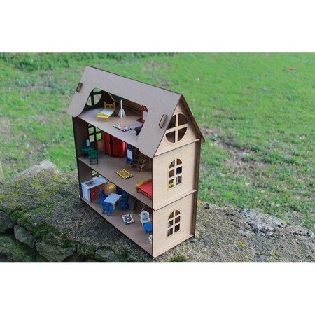 Vreugde En Speelgoed Houten Speelhuis + Miniatuur Items-Verf + Borstel 424704529