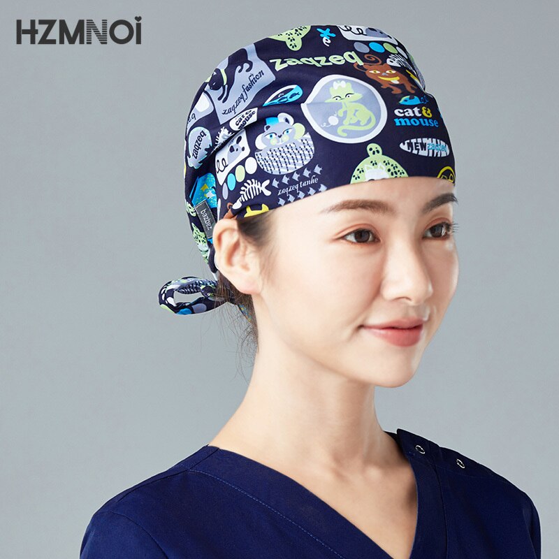 Dunkelblau Baumwolle Arzt Hut Cartoon Tier Krankenschwester Kosmetikerin Peeling Hut Hohe Kürbis Hut Chef Staub Turban Unisex
