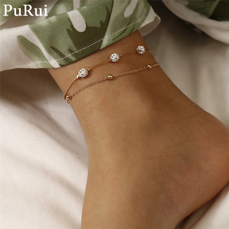 PuRui Boho Ankle Bracelet Rhinestones Beads Pendant Foot Chain Charm Bracelet Anklets for Women Jewelry Beach Accessorie