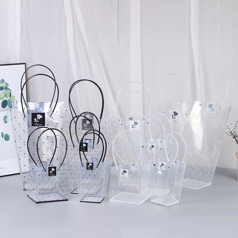 Bolsas de flores portátiles transparentes con estampado de lunares, bolsas de plástico decorativas para almacenamiento de flores de boda, embalaje de Pascuas, bolsas de cumpleaños para niña