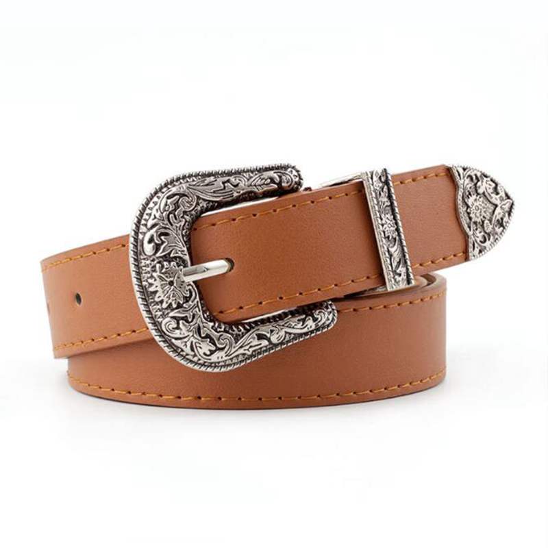 Svart lær kvinner belter vintage western cowgirl kvinnelig belte metall spenne midje belte brun hvit carve damer jeans bukser belter: Kamel
