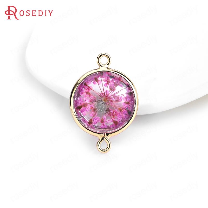 (C828)6 pieces 14x20mm 24K Gold Color Brass and Glass 2 Holes + Dried Flower Round Connect Charms Pendants Diy Jewelry Findings: 35622