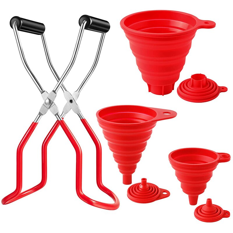 Canning Jar Lifter with Grip Handles and 3 Size Silicone Collapsible Funnel Red Foldable Canning Jar Funnel Set of 4: Default Title