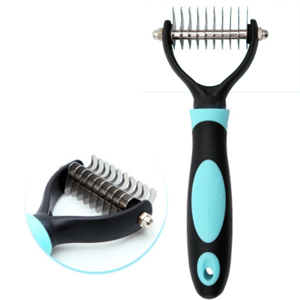 Roestvrijstalen open knoopkam voor huisdieren, hondentrimmer met zachte handgreep (roze/blauw): Blauw