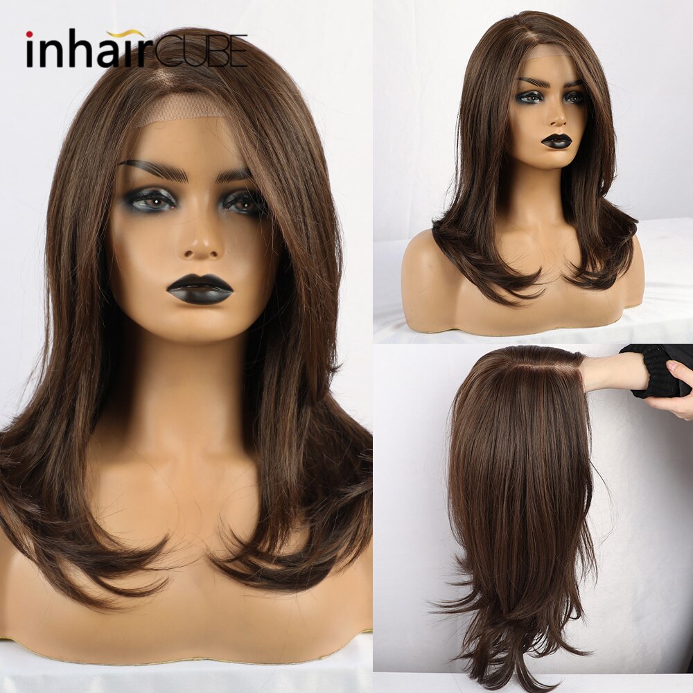 Pelucas de encaje frontal sintético Inhaircube con reflejos de 20 pulgadas, pelo liso Natural largo marrón para mujeres afroamericanas