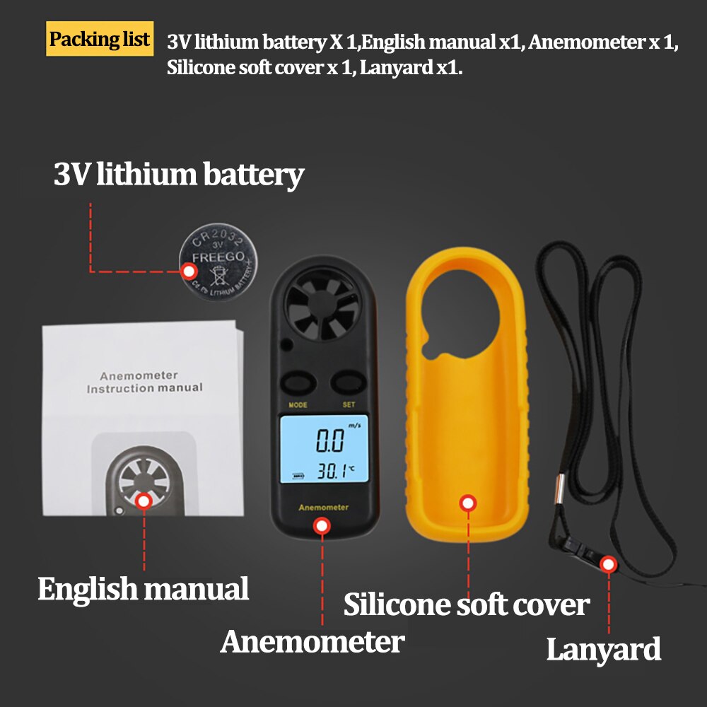 Handheld Anemometer Wind Speed Meter Anemometer Anemometro 30m/s Temperature Tester -10 ~ 45C Wind Meter LCD Backlight