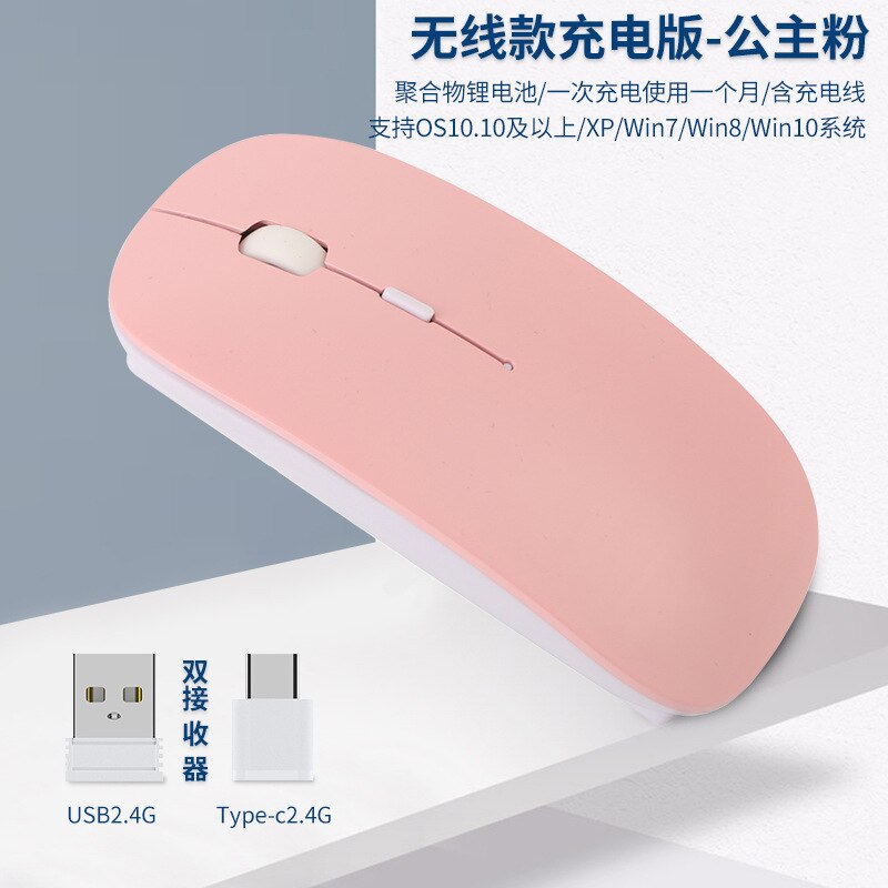 Charging Type-c Wireless Mouse +USB Dual Receiver Mute Ergonomic 1000/1200/1600 Three-speed DPI: Pink