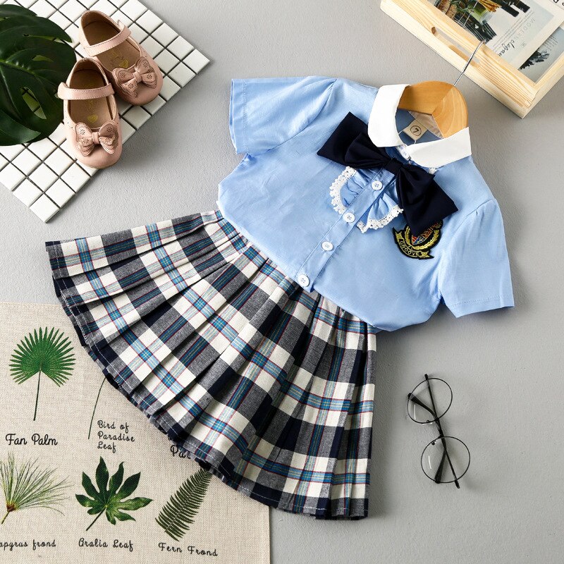 90-130cm Japanese Korean Style Plaid Student Girls School Uniform 2PCs Tops Skirt/shorts Clothing Set Dance Performance