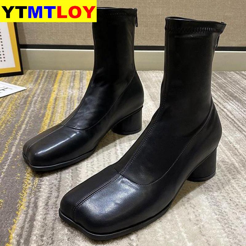 Buty damskie buty wysokie obcasy modne botki blokowe obcasy lakierowane skórzane buty damskie Zip kwadratowe buty z palcami kwadratowy obcas