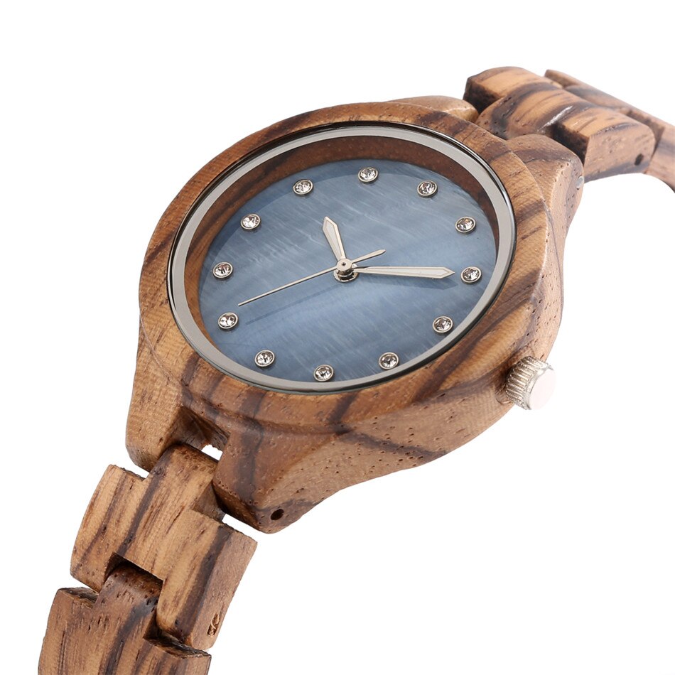 Dames houten armbandhorloge met luxe strass-steentjes, roze/blauwe ronde wijzerplaat, zebrano dameshorloge met kwartshout