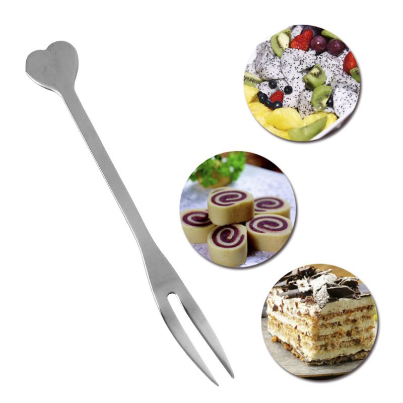 Mini Rvs 2 Tanden Vork Dessert Cake Fruit Salade Bestek Bestek Liefde Hart Handvat Handig Thuis Keuken