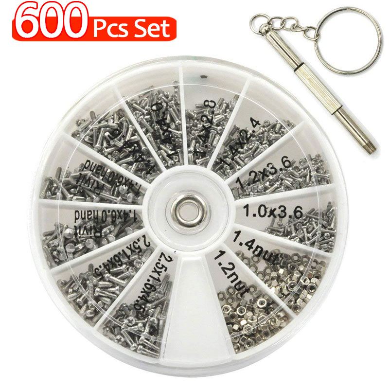 600 Stuks Bril Schroeven Moeren Assortiment Tool Kit 12 Soorten Reparatie Hardware Gereedschap Doos Met Schroevendraaier Voor Elektronische Producten: Zilver