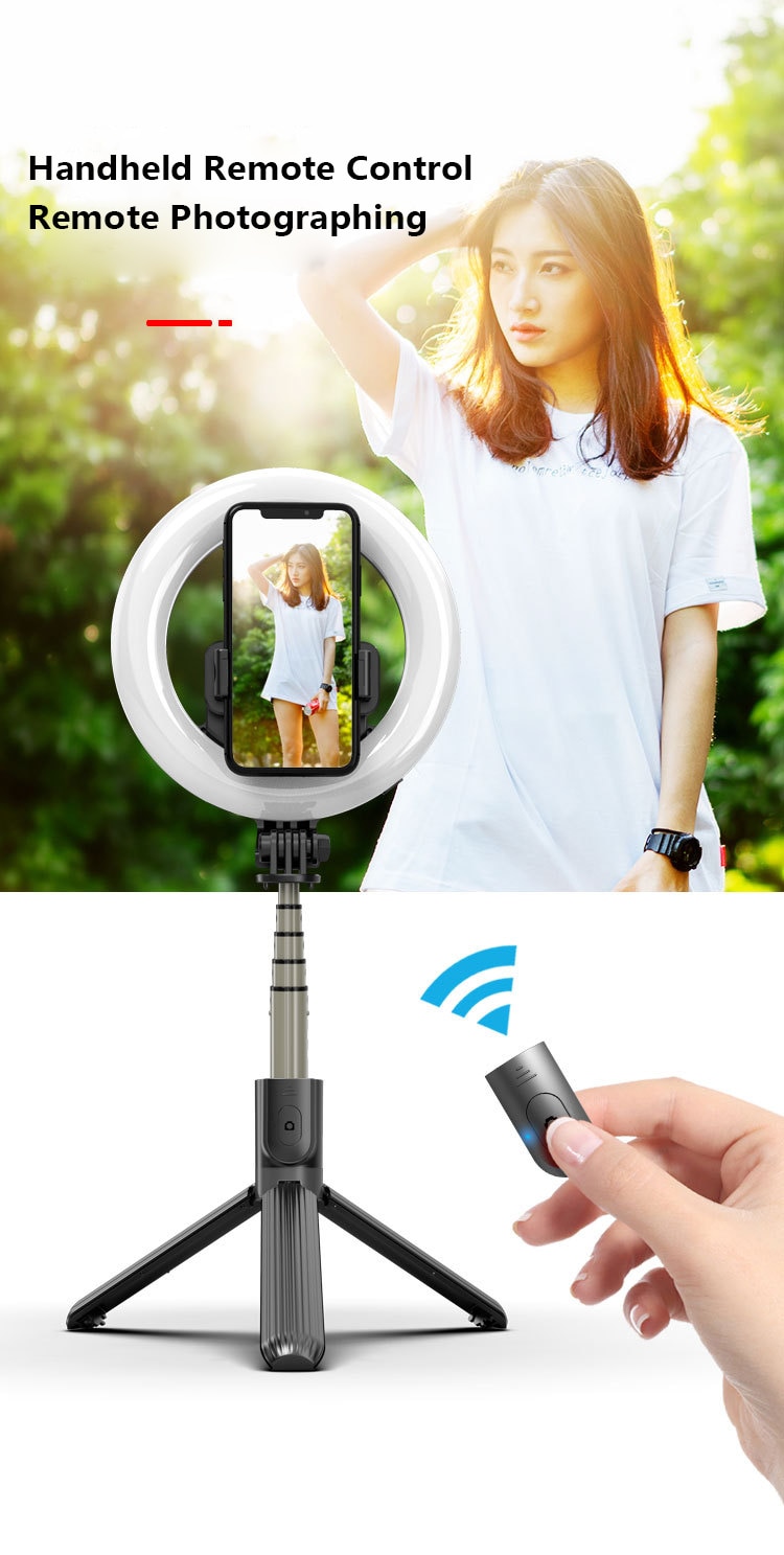 Bluetooth Selfie Stok Afstandsbediening Statief Handphone Holder Statief Camera Zelfontspanner Artefact Staaf Met Led Ring Vullen licht