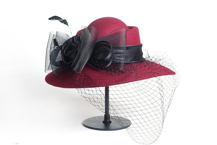 Femmes Floppy Chapeau Laine Floral Voile Filet Plume Large Bord Derby Chapeau Feutrés Occasion Formelle Dance Party Summer Beach Chapeau