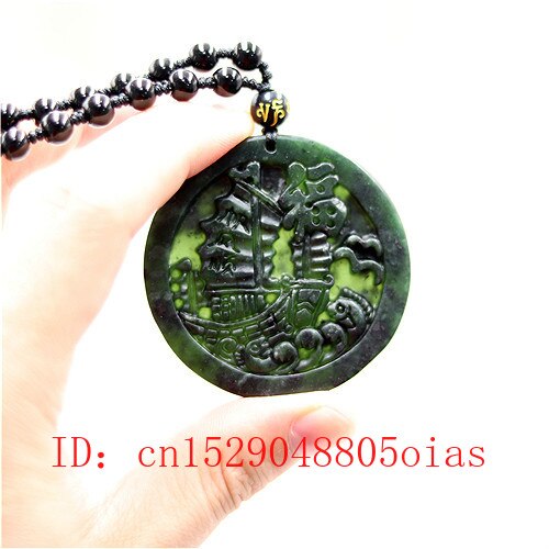 Chinesische Natürliche Schwarz Grün Jade Segelboot Anhänger Perlen Halskette Charme Schmuck Obsidian Zubehör Geschnitzt Amulett für Männer