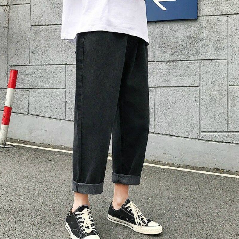 Svarta jeans herr solid ankellång dragsko tvättad casual plus size 3xl lös herr enkel harajuku daglig streetwear denim chic: Xl