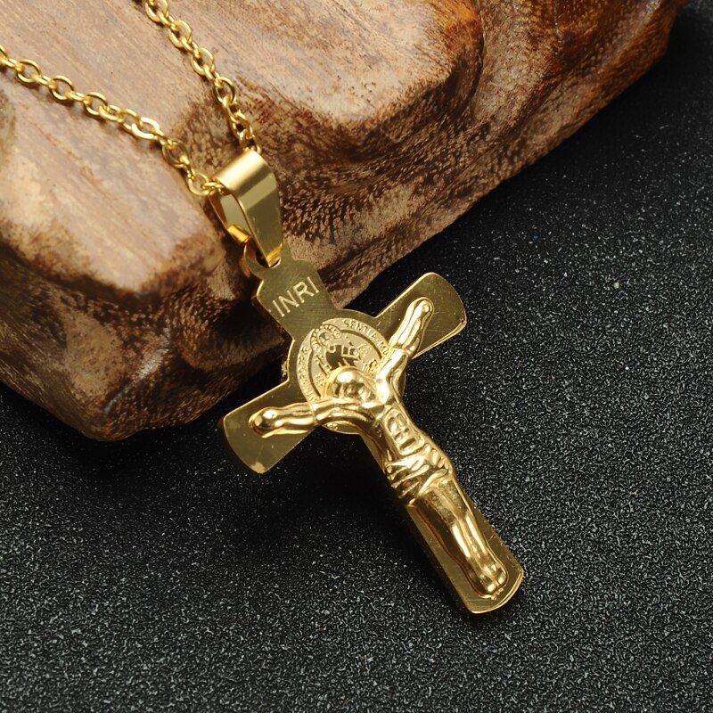 316L Stainless Steel INRI Jesus Cross Crucifix Pendant Necklace For Men Women Religious Jewelry: gold color