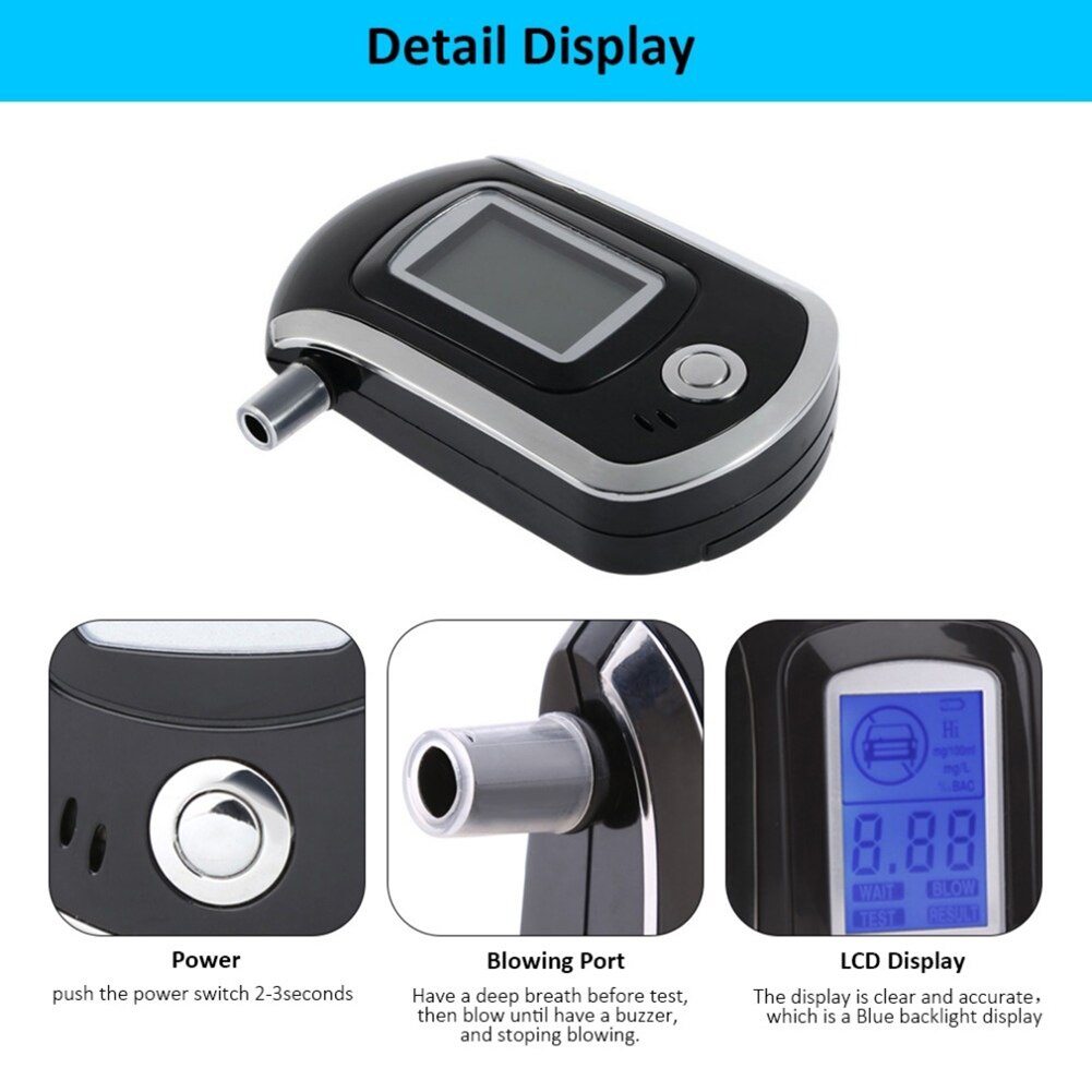 Portable Handheld Digital Breath Alcohol Tester Practical Breathalyzer Breath Drunk Driving Analyzer with 20 Mouthpieces