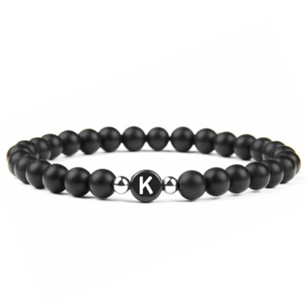 Pulsera de 26 letras de piedra blanca y negra hecha a mano DIY para mujeres, hombres, joyería para parejas, pulsera elástica de cuentas de la suerte de la amistad, para niños