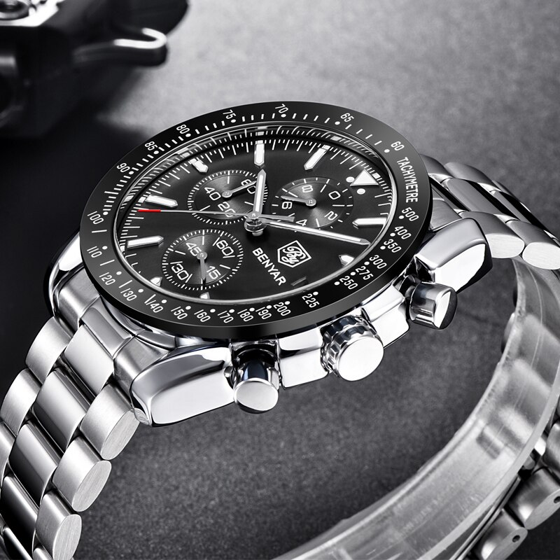 Reloj BENYAR para hombre, reloj de cuarzo de acero completo para negocios, reloj de de lujo informal resistente al agua para hombre, relojes deportivos masculinos con cronógrafo