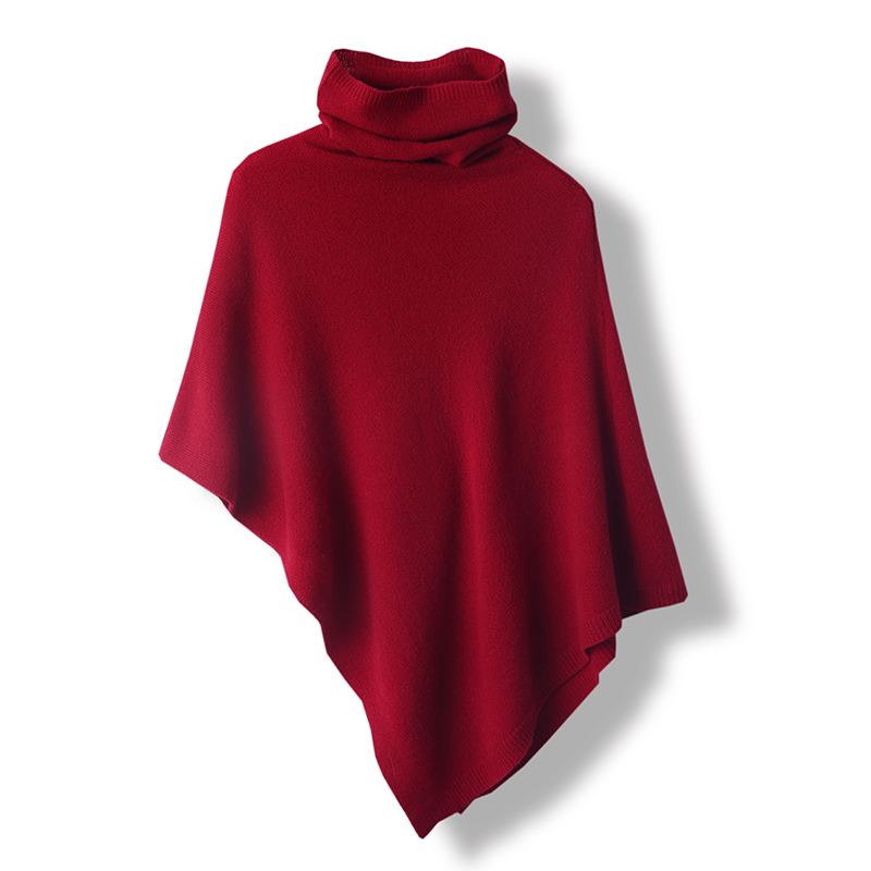 100% Merino Wool Knitted Shawl Cape Knitted Soft Warm Wollen Irregular Cloak Batwing Sleeve Loose Turtleneck Pullover Pashmina: wine red
