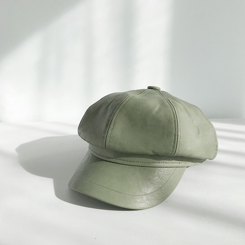Groene Winter Achthoekige Cap Meisjes Baret Hoeden Voor Vrouwen Hoeden Krantenverkoper Cap Vrouwelijke Britse stijl PU Lederen Baretten Hoed voor straat