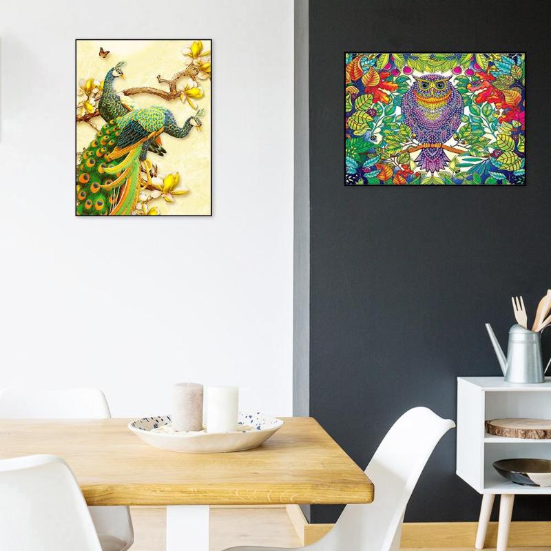 5D DIY especial en forma de pintura de diamante de pavo real búho botánica Kit de costura de punto de cruz resistencia a la oxidación arte de la pared 30X25cm