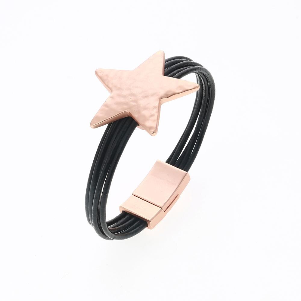 Legierung Stern Magnet Taste Multilayer Leder Charm Armreif 3 Farben Gold Silber Armreifen Für Frauen