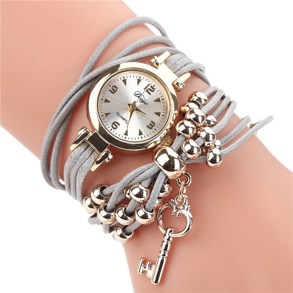 Damearmbåndsur damearmbåndsure lædercirkelbånd guldskive kvarts armbåndsure reloj mujer: Grå