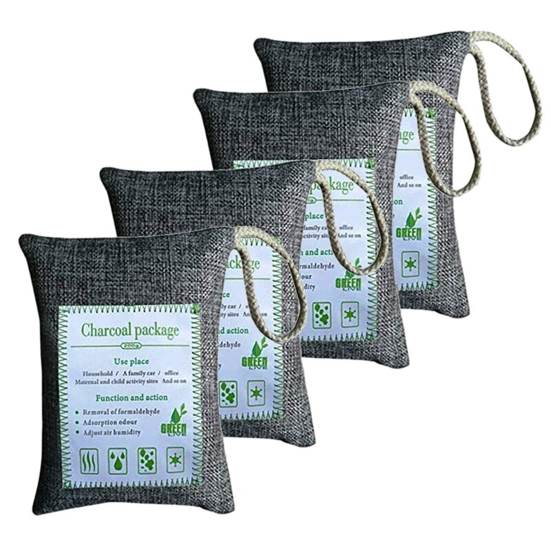 Bolsa de eliminación de olores de carbón de bambú verde transpirable (paquete de 4), absorbedor de olores de carbón activado para el hogar, mascotas, coche, armario, base:  Grey