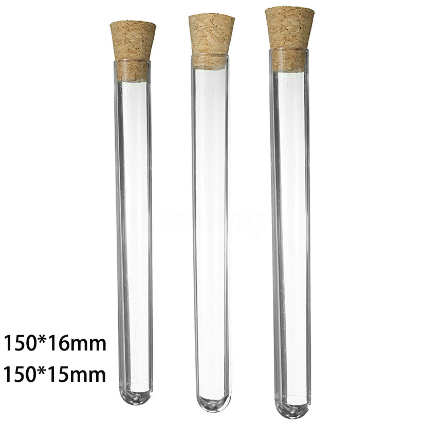 100 Uds 15 ml/20 ml tubo de ensayo de plástico con frasco con tapón de corcho botellas de muestra objetos caseros frascos para almacenar alimentos envase de caramelos