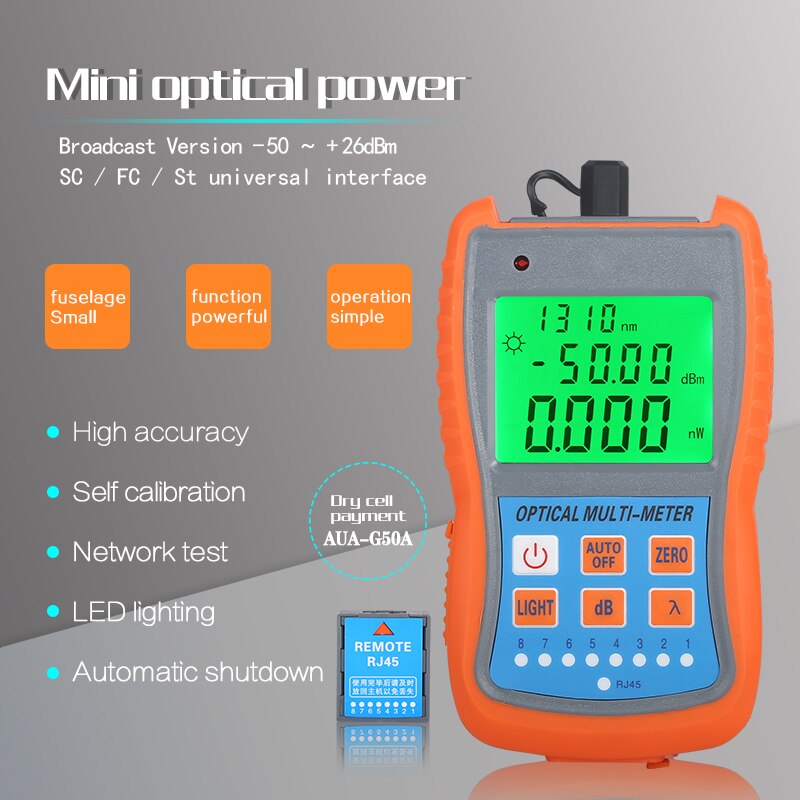 FTTH Mini medidor de potencia óptica AUA-G70A/50A OPM, probador de Cable de fibra óptica-70dBm ~ + 10dBm SC/FC/ST conector de interfaz Universal: AUA-G50A