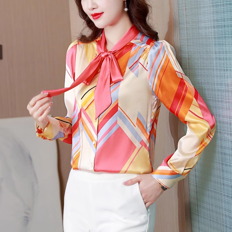 Fanieces elegante Fliege Satin- Frauen Hemden Luxus bunten Druck Frühling Herbst Langarm Blusen Spitzen Büro Damen Blusas