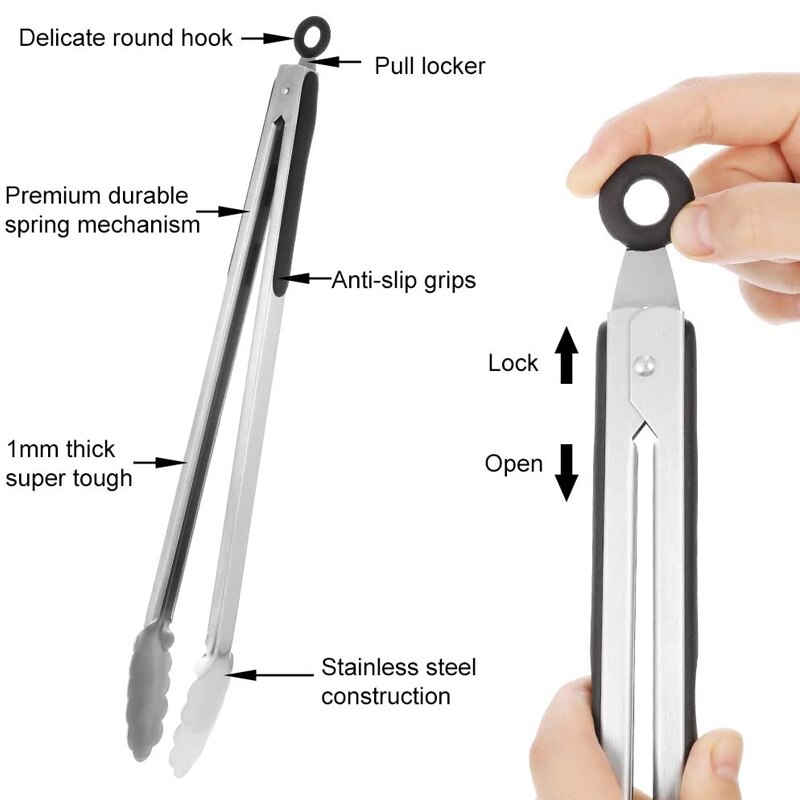 ANAEAT Premium Stainless Steel Kitchen Tongs Locking Metal Heavy Duty Food Tongs BBQ Grilling Non-Slip Grip Cooking
