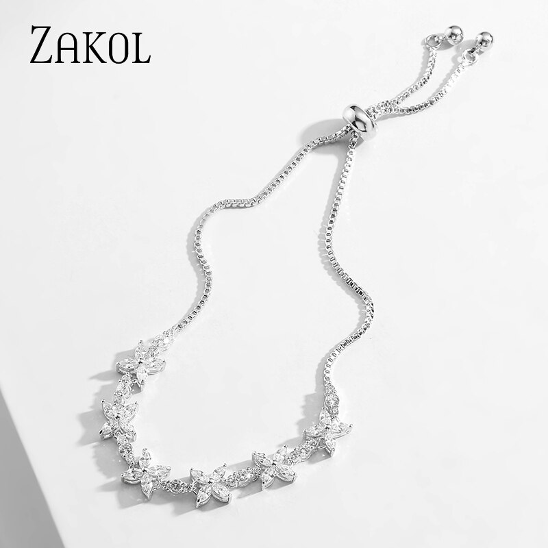 Zakol Vrouwen Wedding Party Cz Zirkoon Bloemen Chain Verstelbare Koord Armbanden FSBP3050