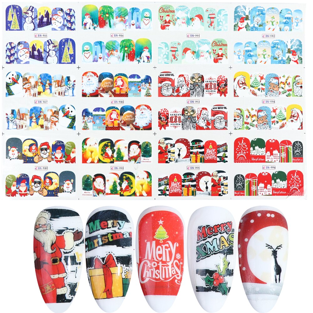 Deslizador de uñas de Navidad, 1 Uds., de uñas de Año de Papá Noel, Elk, muñeco de nieve, ciervo, tamaño grande, cubierta completa, pegatina de transferencia de uñas de agua GLBN/A-1: BN985-996