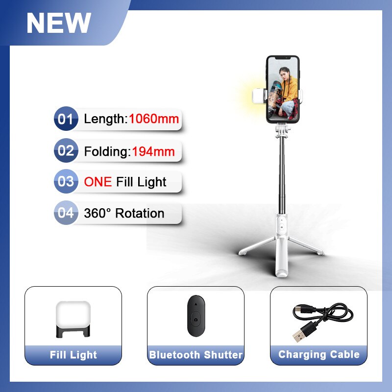 Roreta 2022 Wireless bluetooth selfie stick tripod with fill light shutter remote control for IOS Android smart phone: white with one light