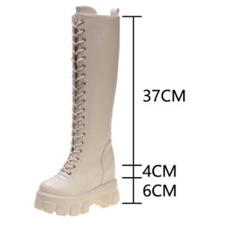 Våren kvinnor korsband pu läder stövlar höst knähöga stövlar dam tjock sula plattform botas mujer svart beige