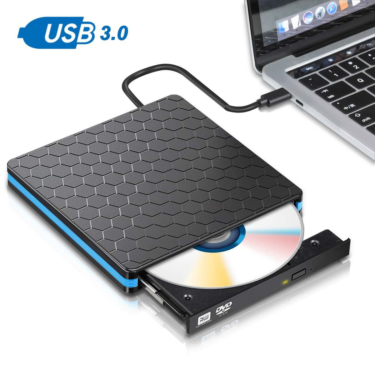 External DVD Drive USB3.0 DVD RW CD Rewriter Burner Portable Optical Drive Player For PC Laptop Macs OS Windows 10 7 8 XP