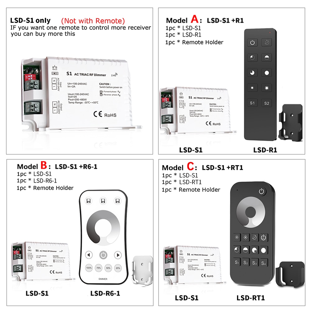 Led Triac Dimmer 220V High Voltage 100V-240VAC 2A Trailing Edge Dimming 2.4G wireless RF Remote Led Light Triac Dimmer S1