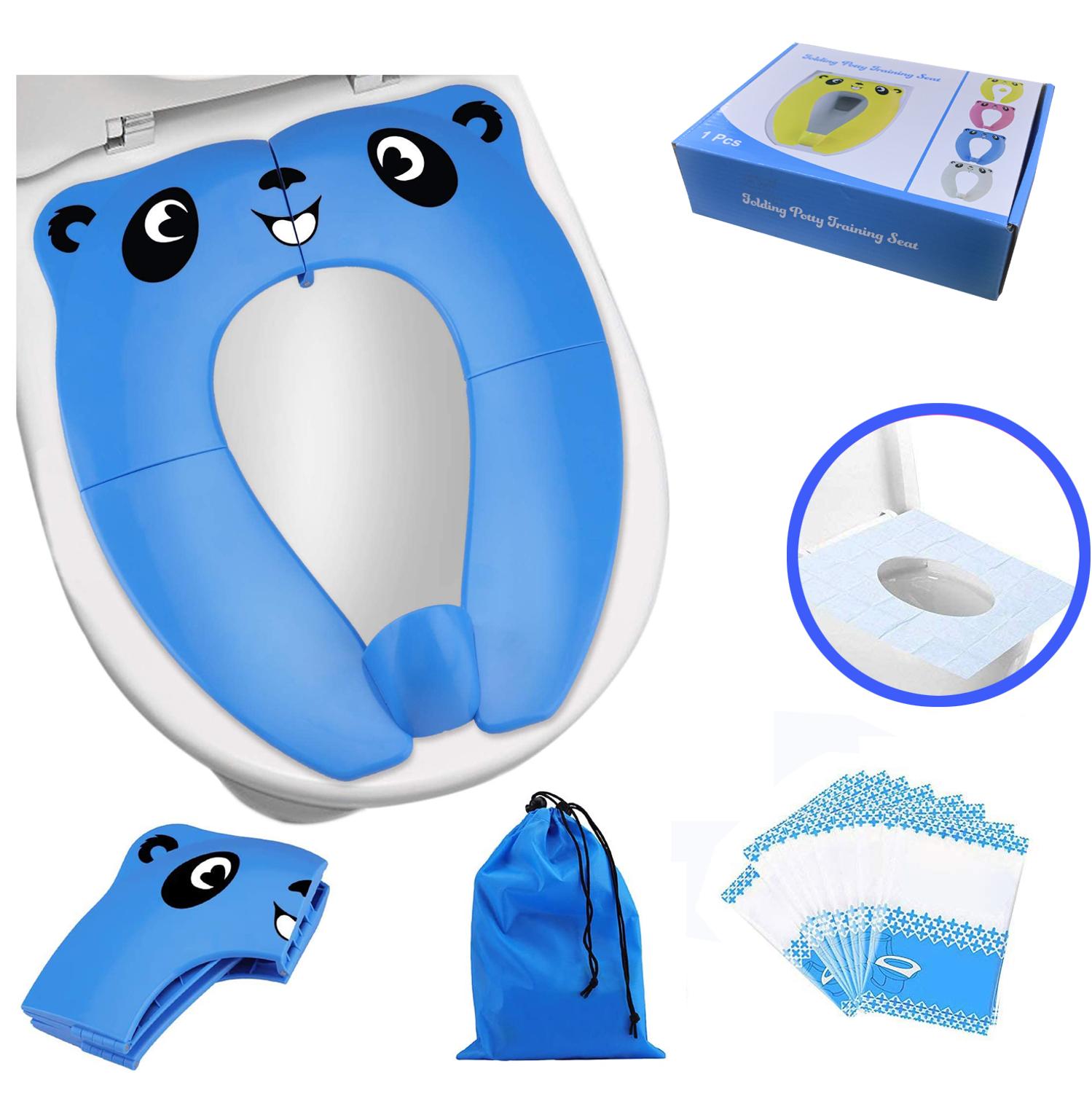 Toilettræningssæde bærbart toiletsæde til småbørn pp-materiale med bæretaske og 10 pakker engangs-toiletsædebetræk (pink): Panda blå