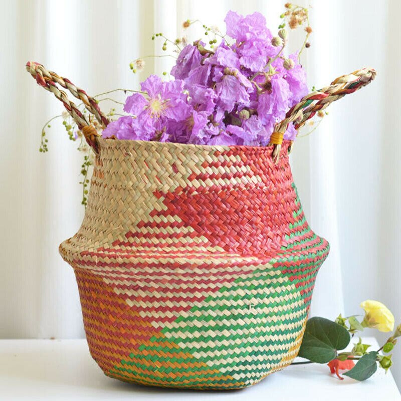 Cesta de paja para plantas de almacenamiento, cesta decorativa multicolor para flores de jardín