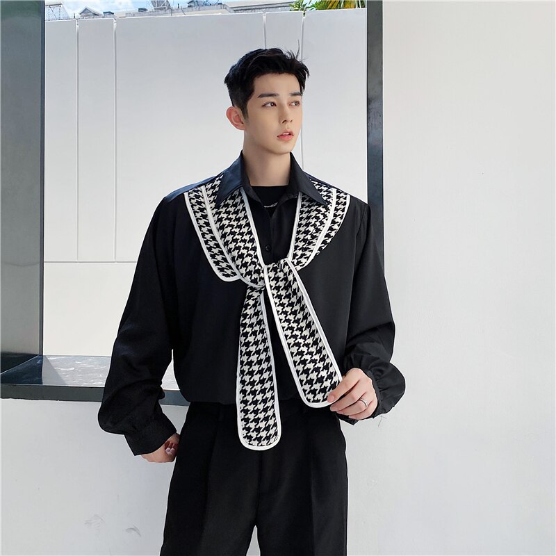 Hommes ruban cravate décontracté à manches longues chemises mâle japon Harajuku Streetwear Hip Hop Vintage chemise ample vêtements de scène