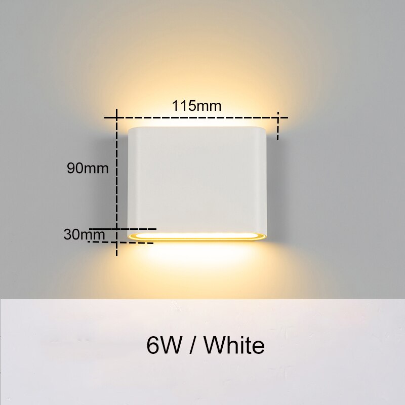 Moderne vandtæt udendørs 18w led væglampe  ip65 aluminium op og ned væglampe have veranda sconce lys 110v 220v zbw 0011: 6w- hvid krop / Varm hvid