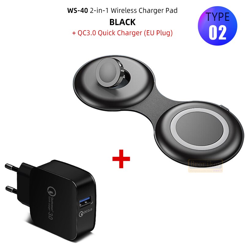 2 in 1 qi dual fast wireless charger pad for iphone 13 12 11 xs xr 8 airpods pro samsung  s20 s21 induction charging dock station: Type 2 black  qc3.0