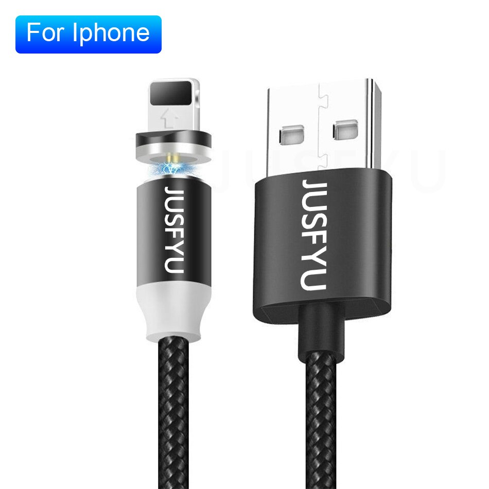 Cable de carga magnético LED para móvil, Cable Micro USB tipo C para iPhone XR, XS, MAX, X, 8, 7, 6, 6S Plus, 360: 2m / Black for iPhone