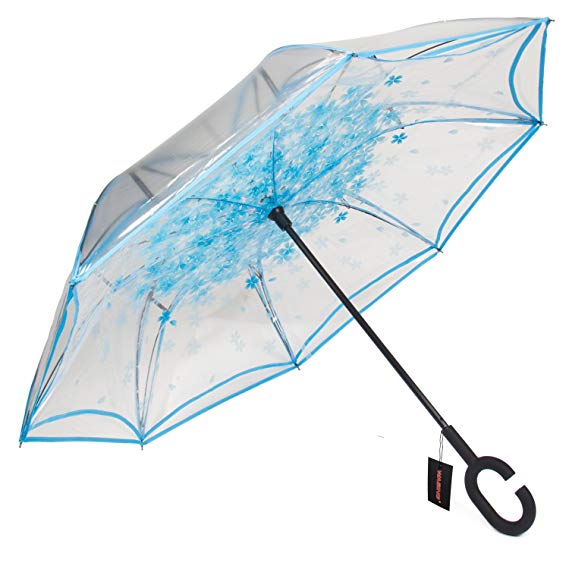 Yesello pliant parapluie inversé Double couche inversé coupe-vent pluie voiture parapluies pour femmes Transparent inversé parapluie bleu: Blue